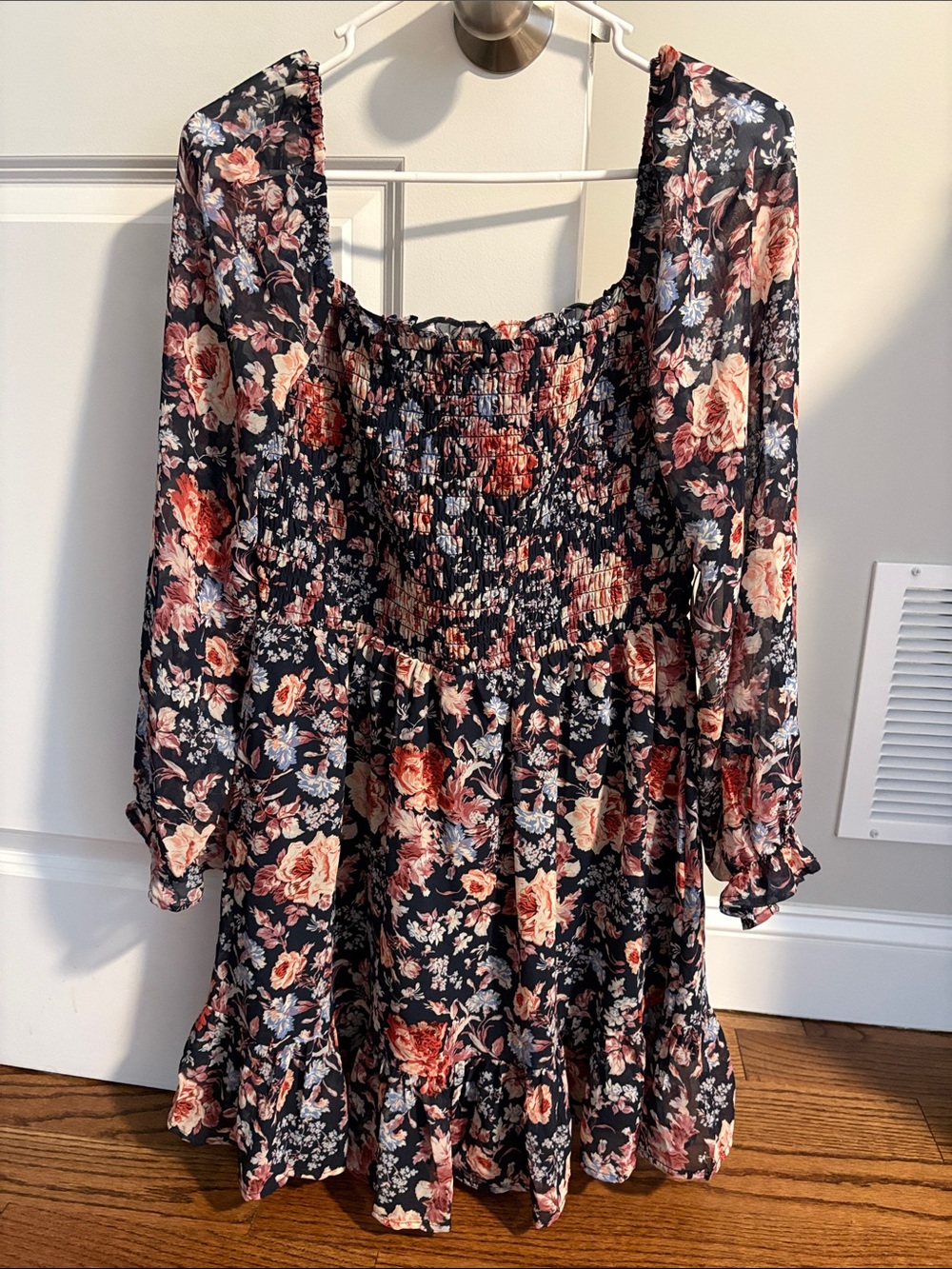As U Wish Black Floral Square-Neck Smocked Mini Dress